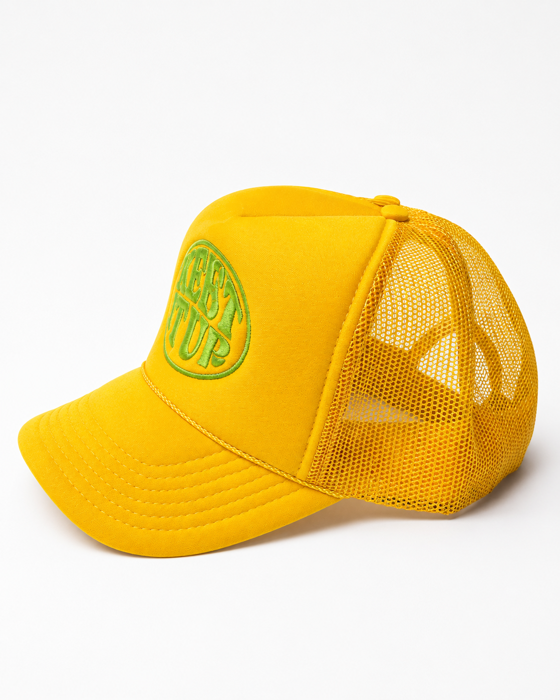 WRST BHVR Trucker Hat — Mustard / Green