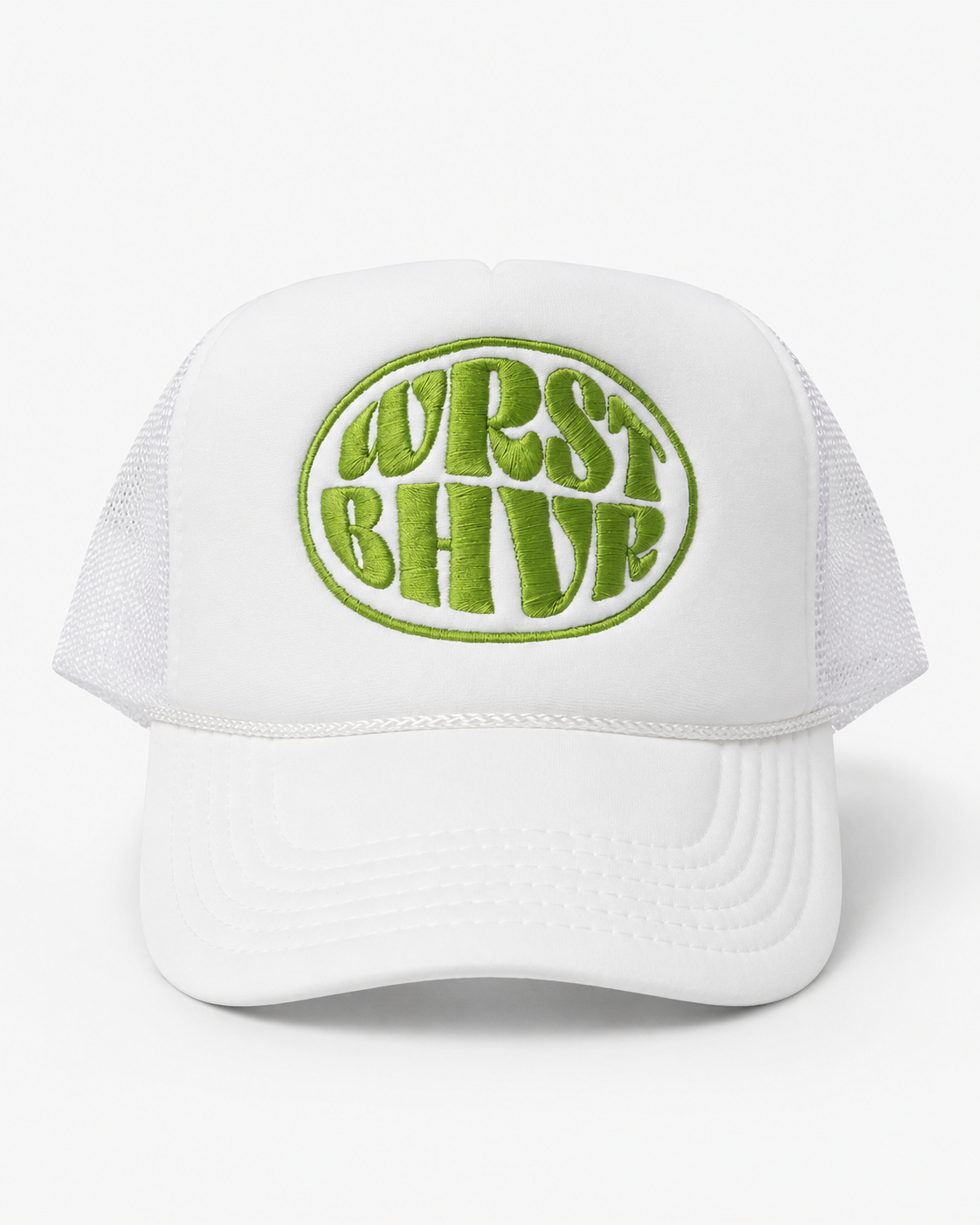 White trucker hat with green embroidered Worst Behavior patch by Trukas, finished in Los Angeles