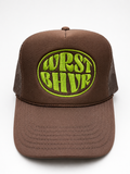 Brown Trukas WRST BHVR trucker hat with lime embroidered logo, foam front, mesh back, made in LA