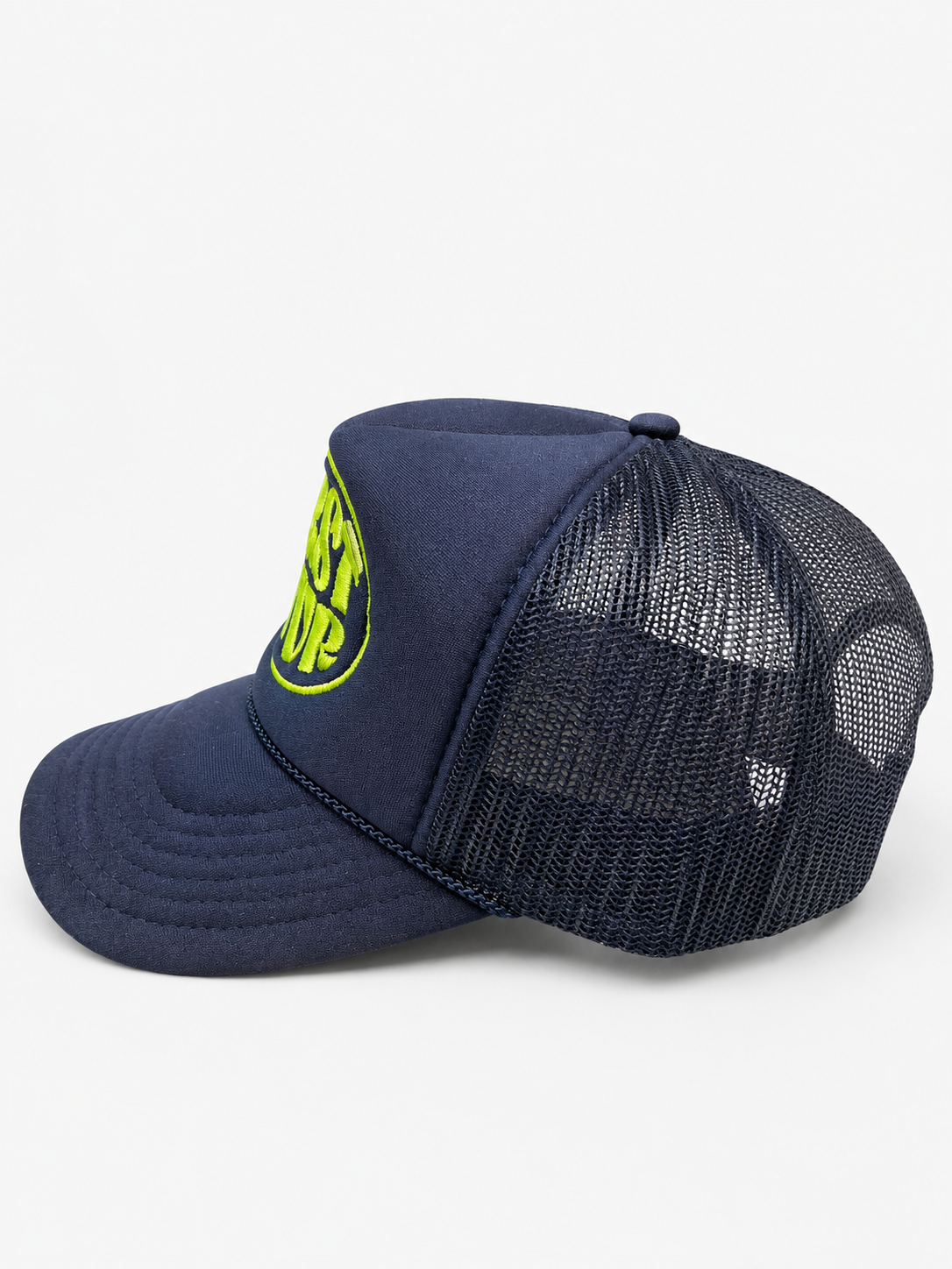 WRST BHVR Trucker Hat — Navy / Lime