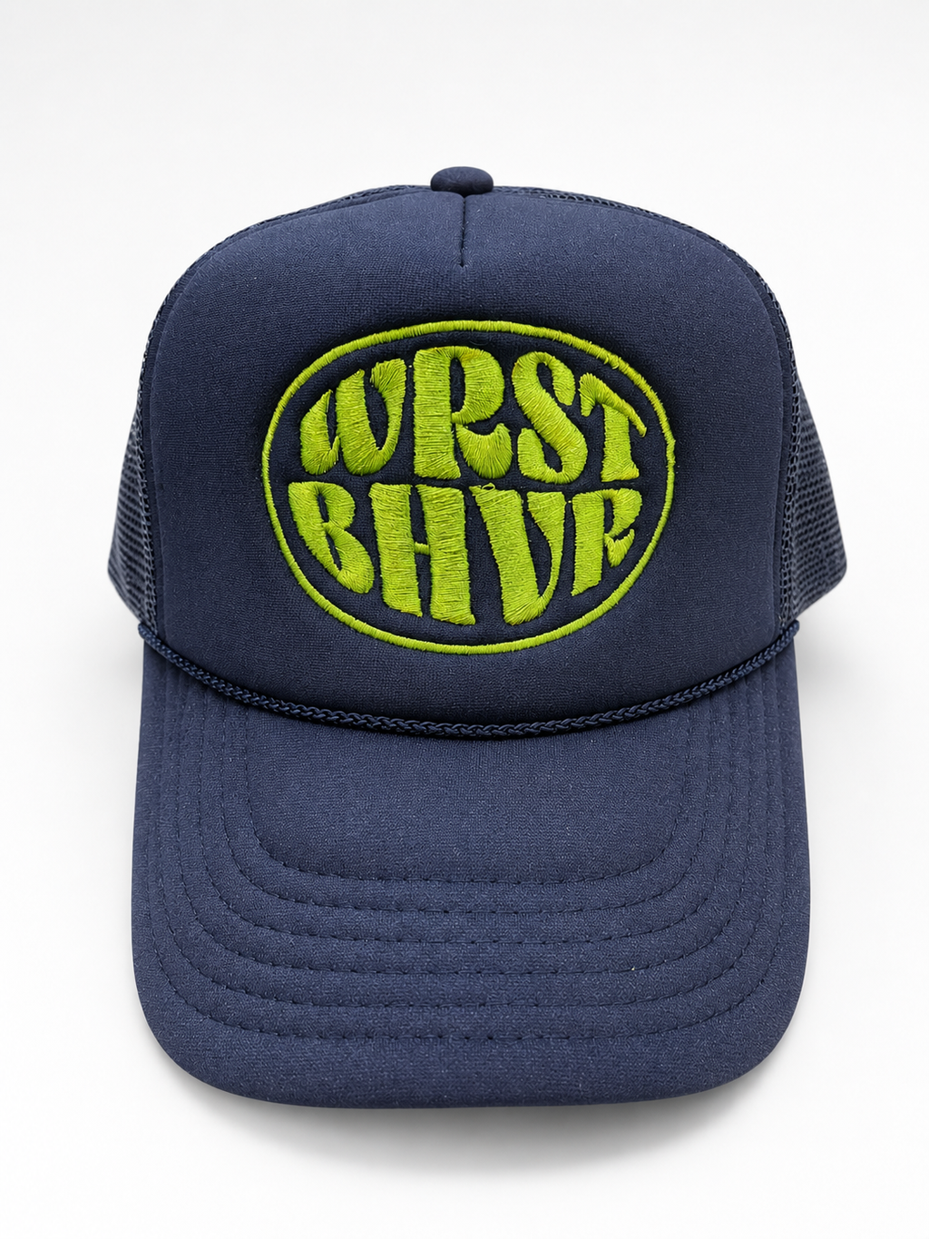 Navy Trukas WRST BHVR trucker hat with lime embroidered logo, foam front, mesh back, made in LA