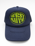 Navy Trukas WRST BHVR trucker hat with lime embroidered logo, foam front, mesh back, made in LA