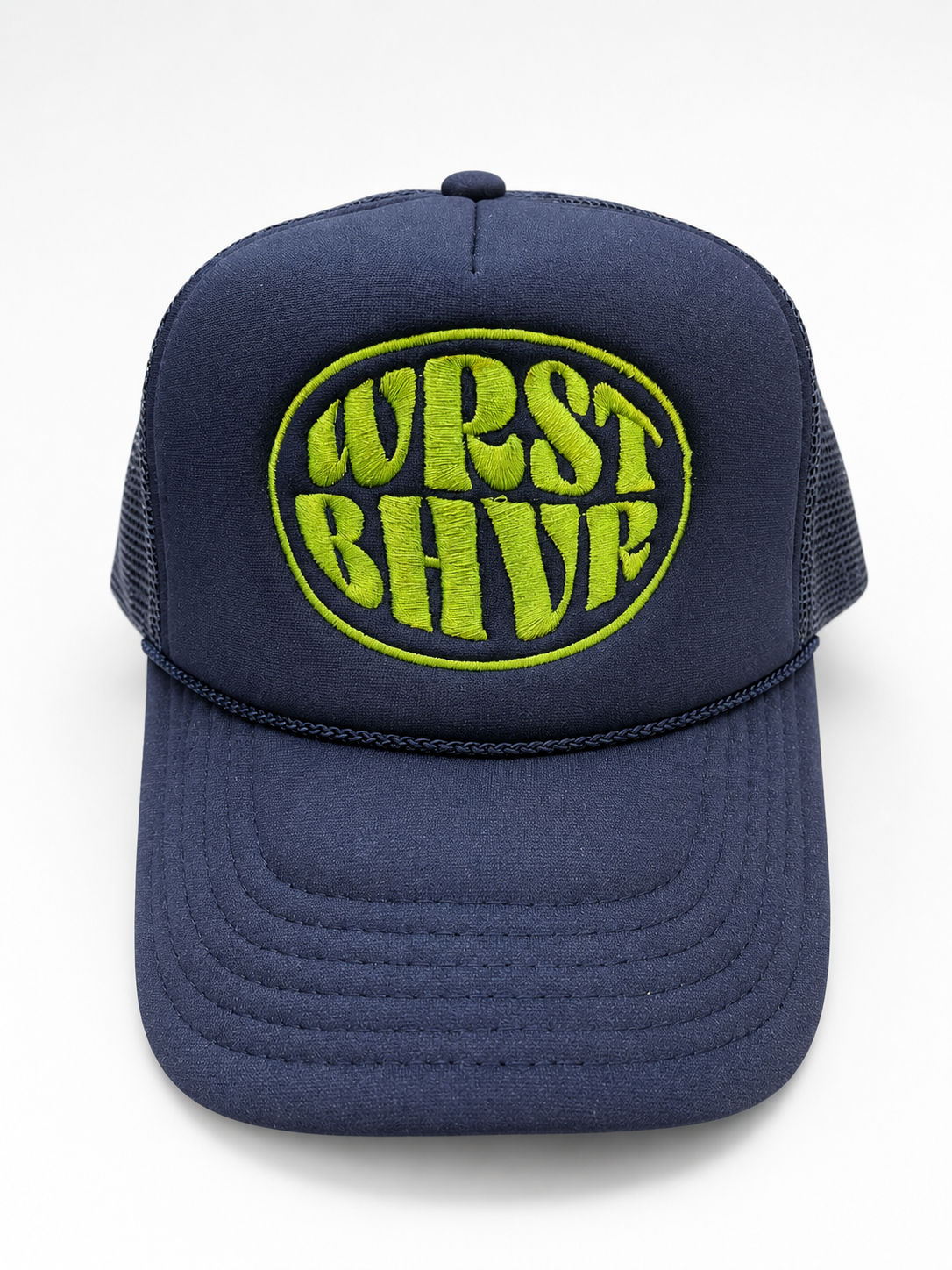 WRST BHVR Trucker Hat — Navy / Lime