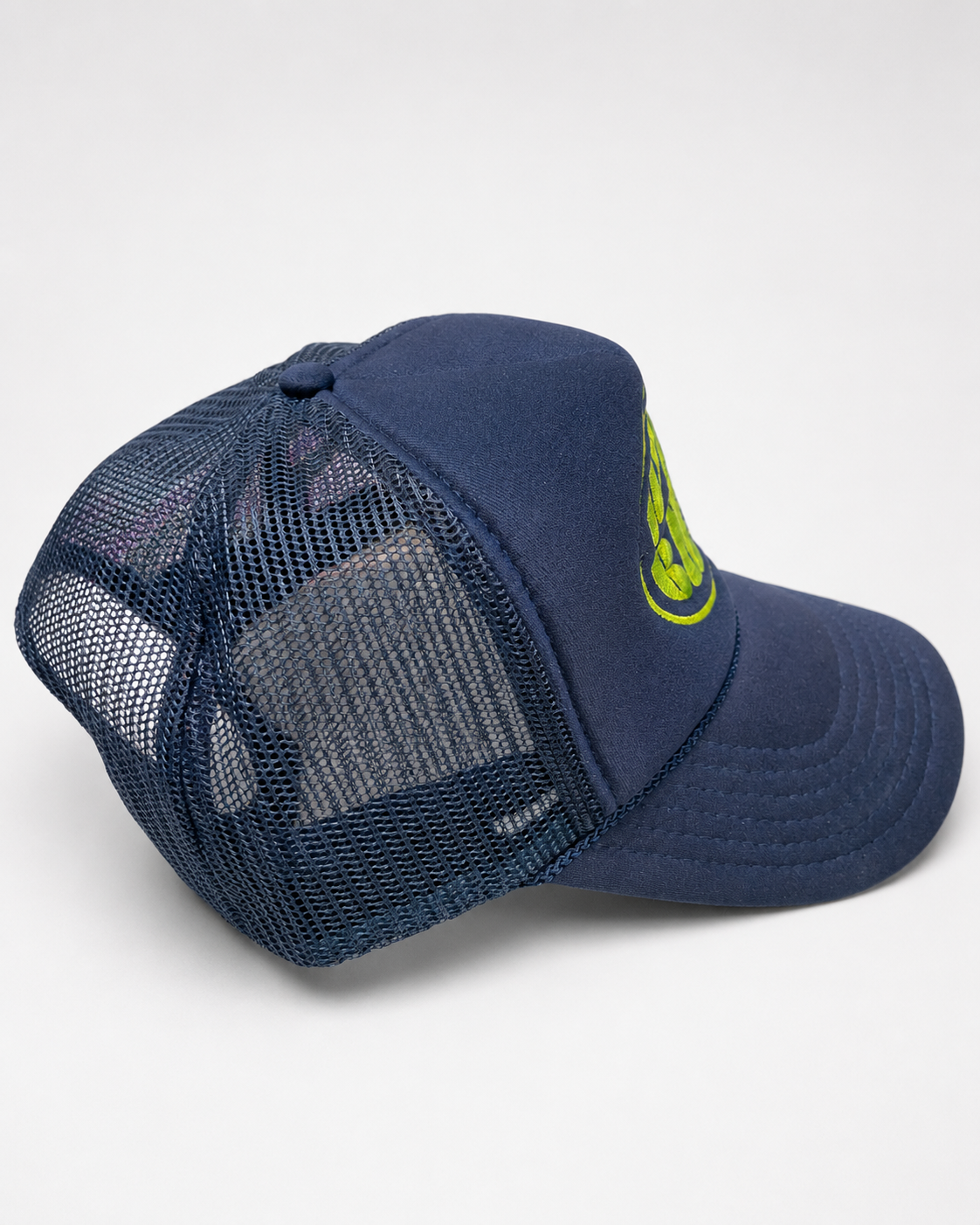 WRST BHVR Trucker Hat — Navy / Lime