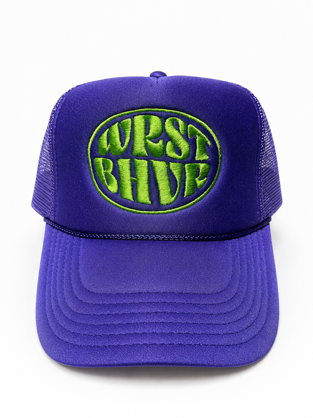 Purple Trukas WRST BHVR trucker hat with lime embroidered logo, foam front, mesh back, made in LA