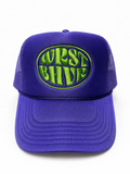 Purple Trukas WRST BHVR trucker hat with lime embroidered logo, foam front, mesh back, made in LA