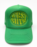 Green Trukas WRST BHVR trucker hat with lime embroidered logo, foam front, mesh back, made in LA
