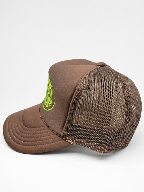 WRST BHVR Trucker Hat — Brown / Lime