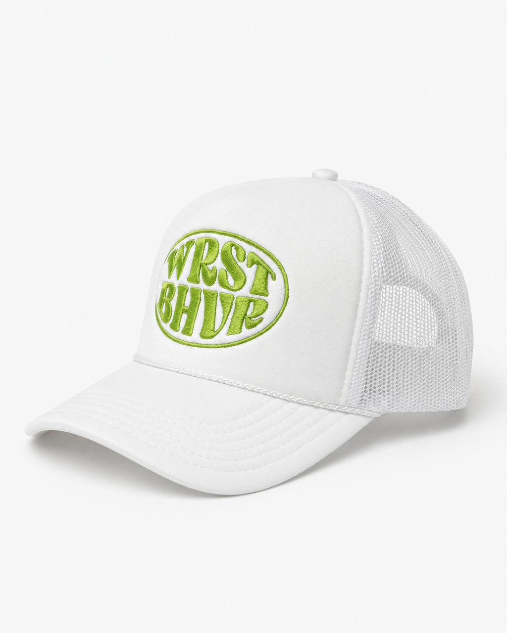 Side view of white trucker hat with green Worst Behavior embroidered patch by Trukas