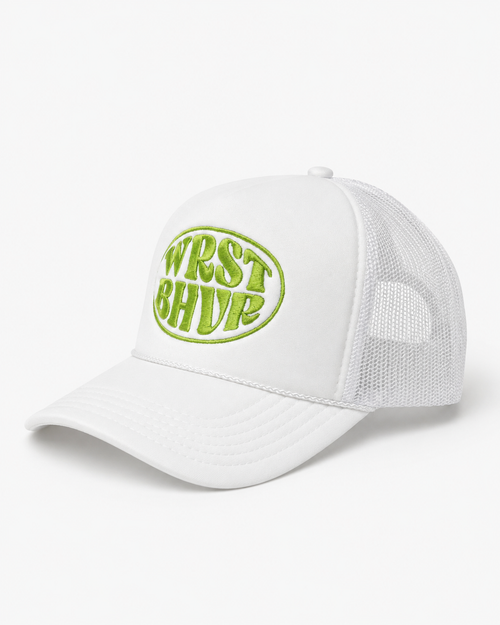 Side view of white trucker hat with green Worst Behavior embroidered patch by Trukas