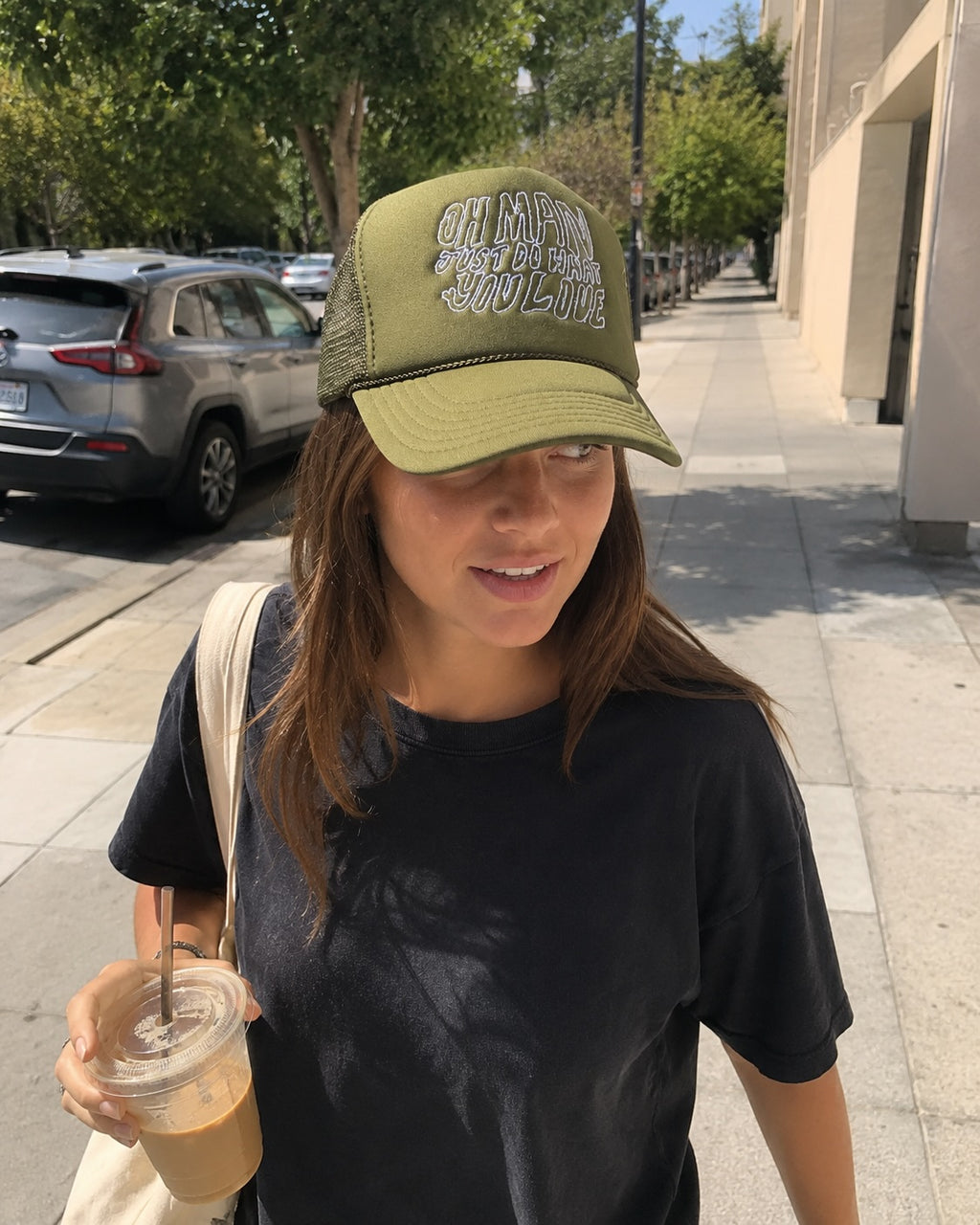 OH MAN JUST DO WHAT YOU LOVE Olive Green Trucker Hat